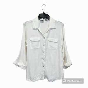 Edward Irish Linen Women’s‎ S Blouse Button Down White Floral Beaded 3/4 Sleeve